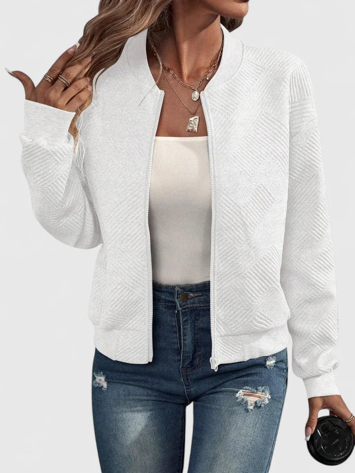 Women's Knit Zip-Up Stand Collar Bomber Jacket – Chevron Textured