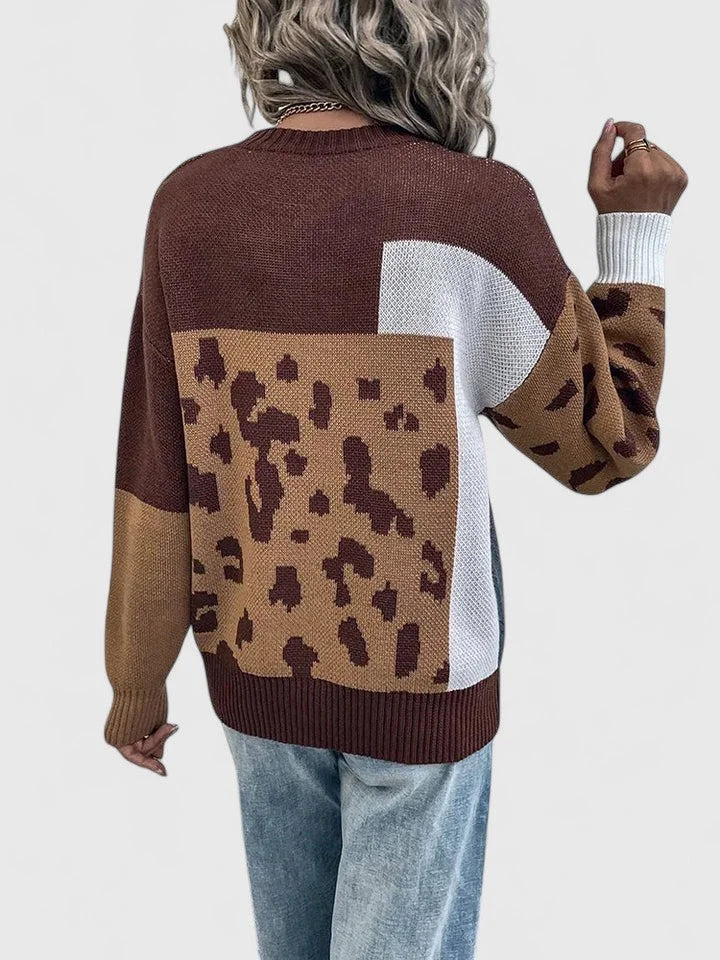 Women's Colourblock Knit Crew Neck Jumper – Leopard Print Panels