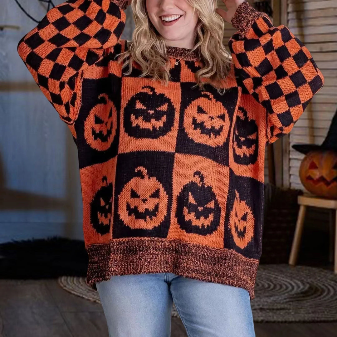 Women's Knit Crew Neck Jumper – Halloween Block Pattern