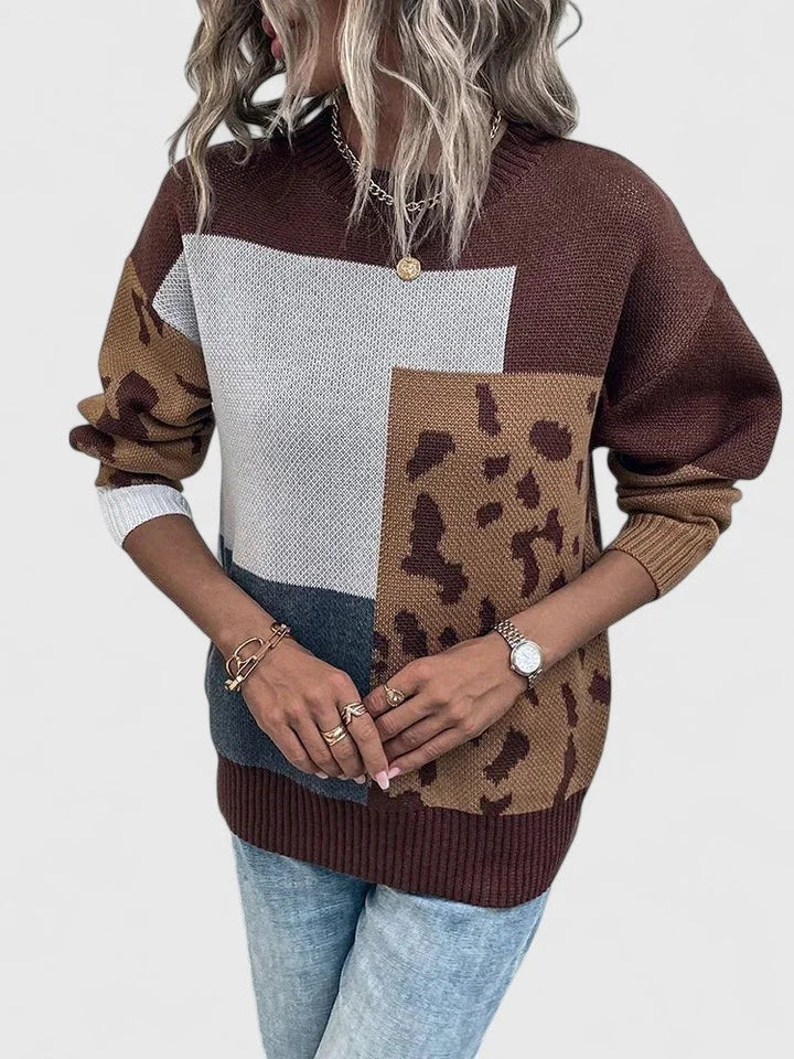 Women's Colourblock Knit Crew Neck Jumper – Leopard Print Panels