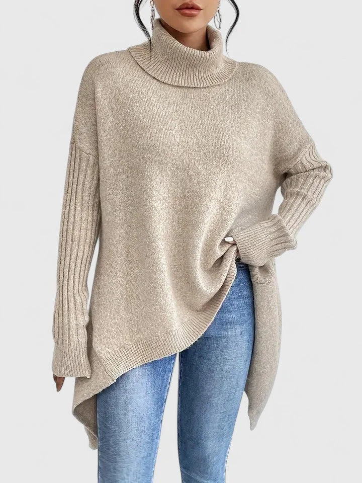 Women's Knit Roll Neck Jumper – Asymmetrical High-Low Hem