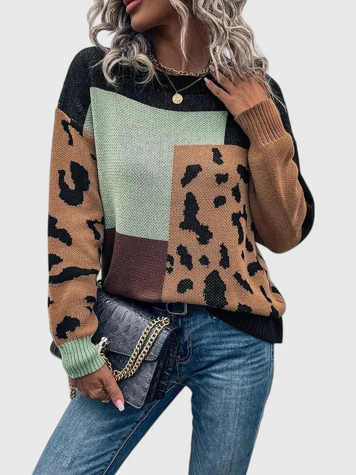 Women's Colourblock Knit Crew Neck Jumper – Leopard Print Panels
