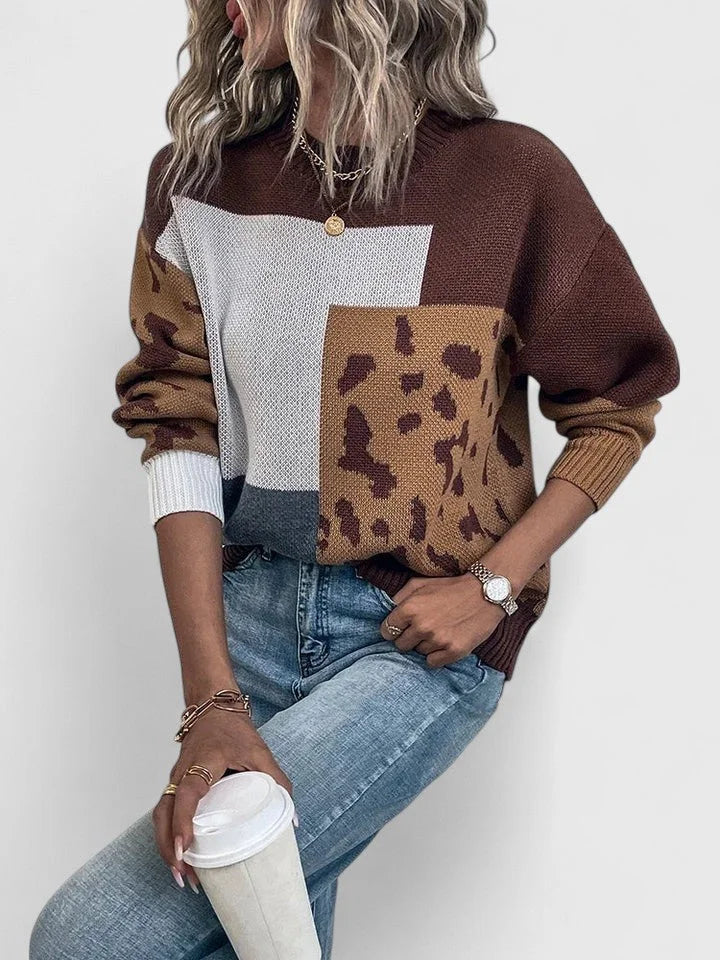 Women's Colourblock Knit Crew Neck Jumper – Leopard Print Panels