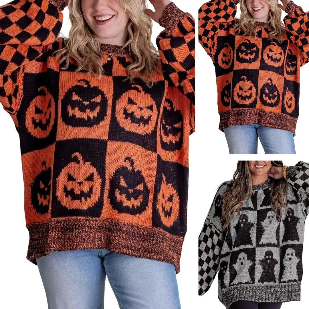 Women's Knit Crew Neck Jumper – Halloween Block Pattern