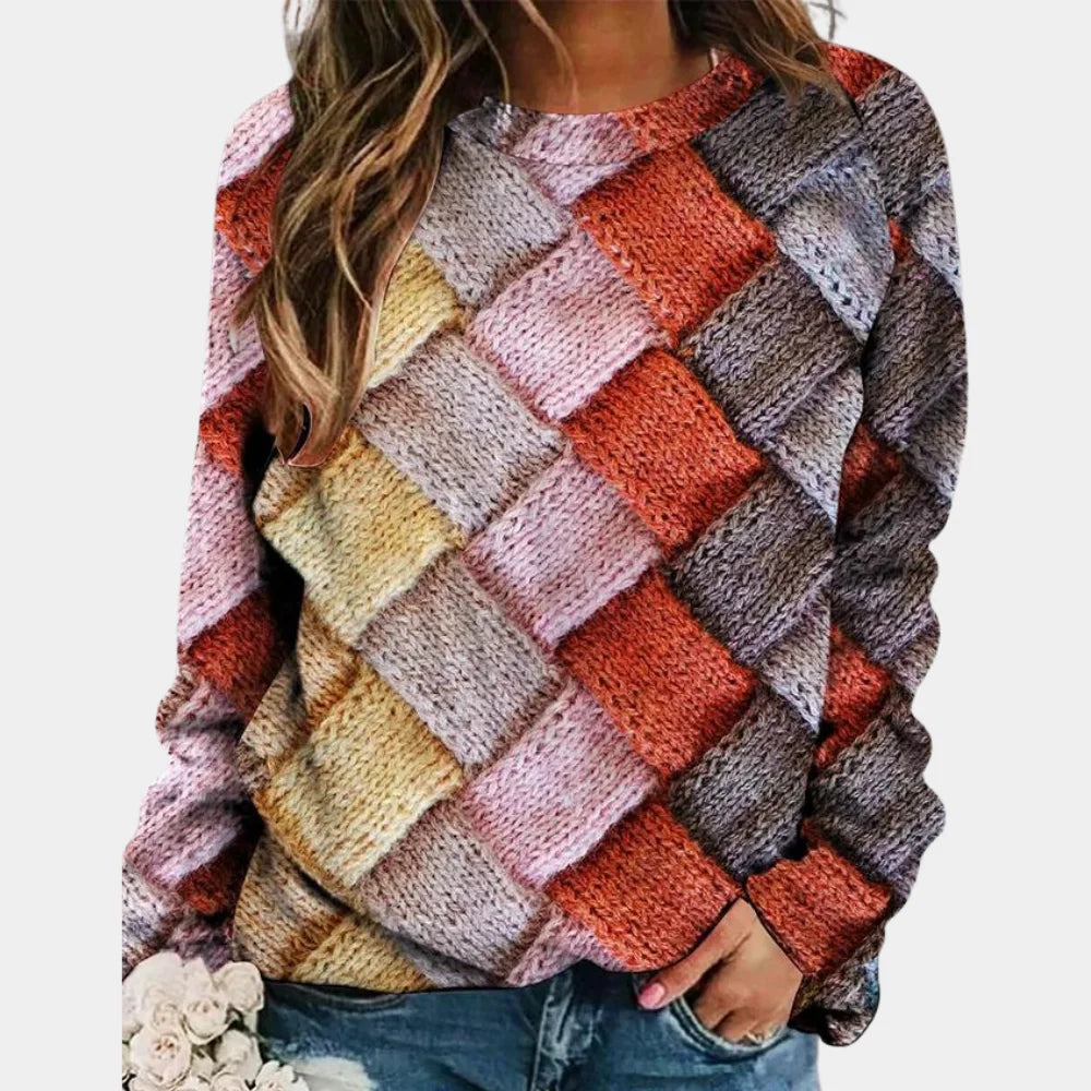 Women's Knitted Jumper Oversized Woven Print Crew Neck
