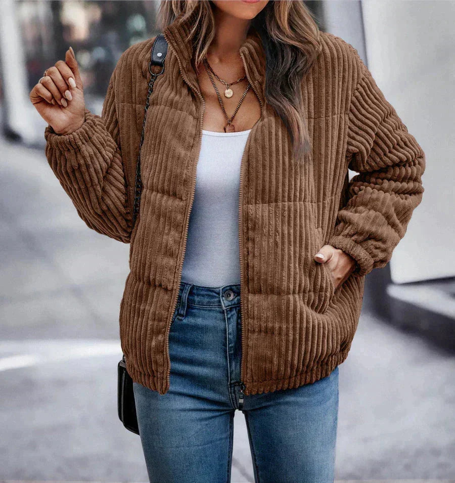 Women's Ribbed Puffer Jacket Relaxed Fit Stand Collar