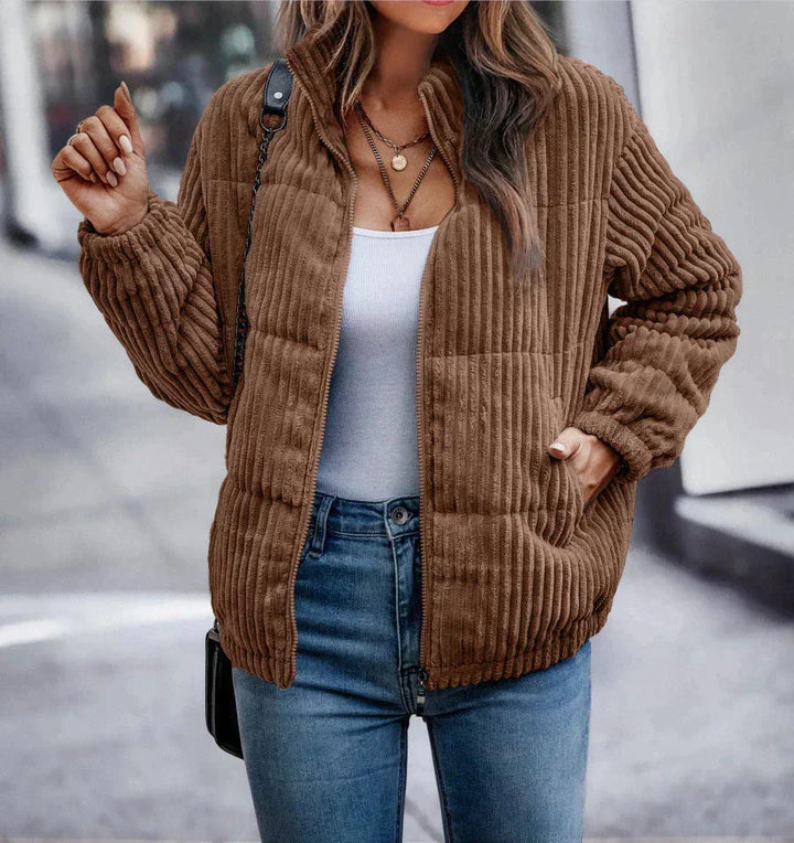 Women's Ribbed Puffer Jacket Relaxed Fit Stand Collar