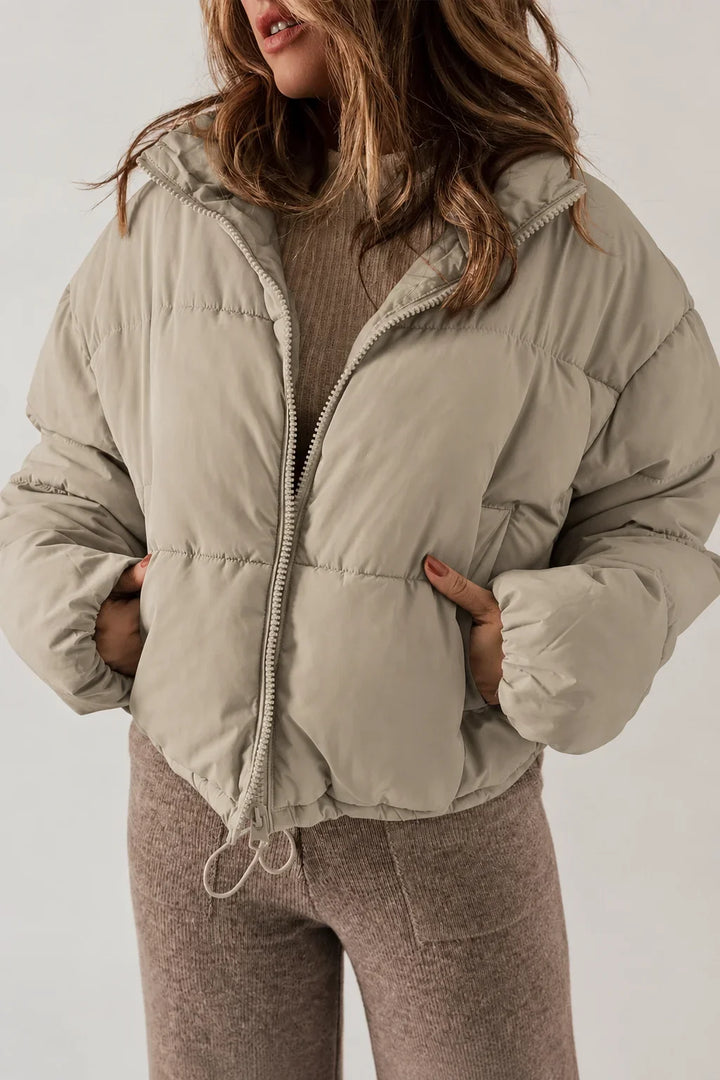 Women's Cropped Puffer Jacket – Stand Collar And Drawcord Hem