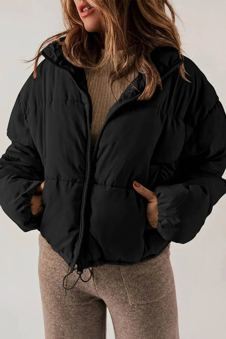 Women's Cropped Puffer Jacket – Stand Collar And Drawcord Hem