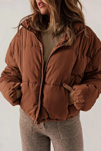 Women's Cropped Puffer Jacket – Stand Collar And Drawcord Hem