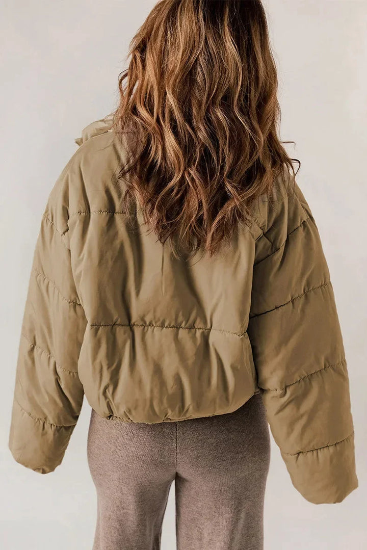Women's Cropped Puffer Jacket – Stand Collar And Drawcord Hem