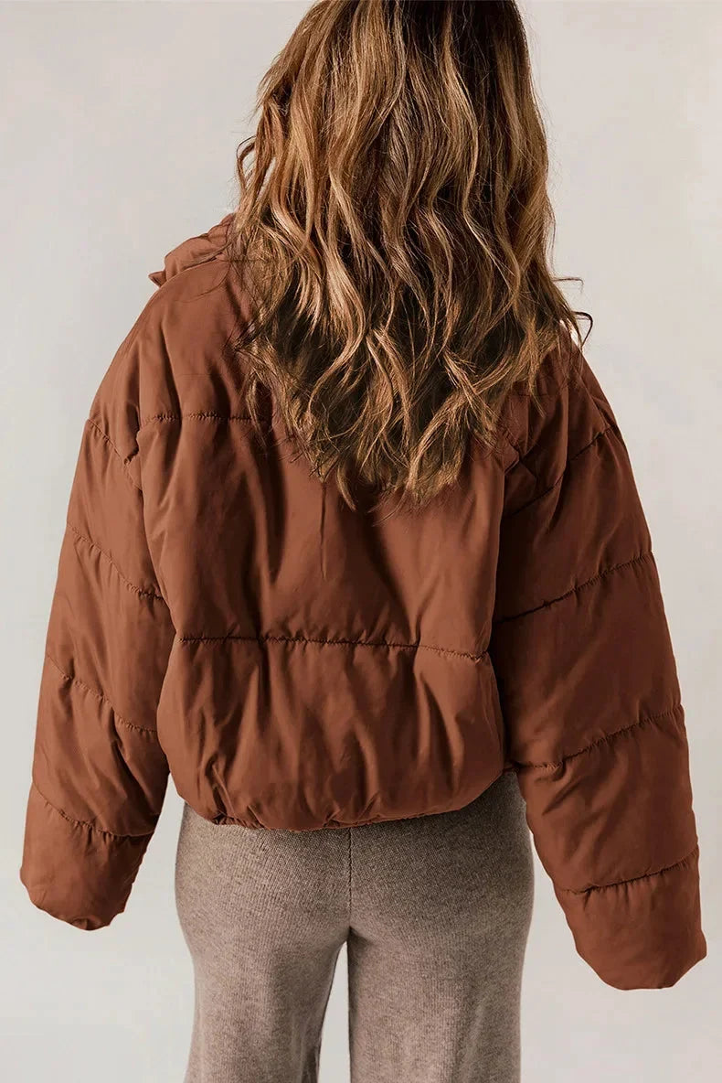 Women's Cropped Puffer Jacket – Stand Collar And Drawcord Hem