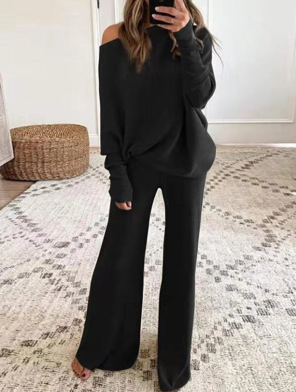 Women's Two-Piece Set – Knit Two-Piece Set Asymmetric Top & Trousers