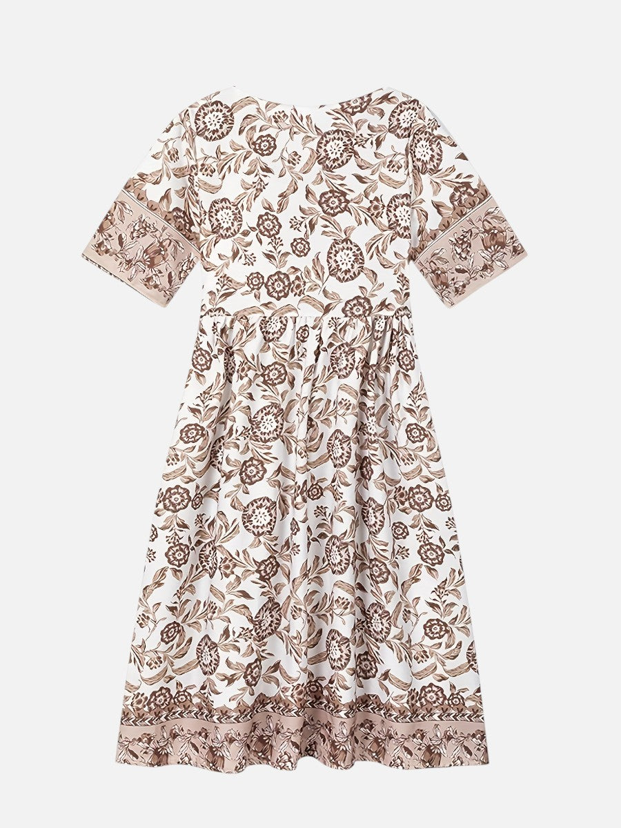 Women's Floral V-Neck Midi Dress – Relaxed Summer Elegance in Apricot | Invictora.com