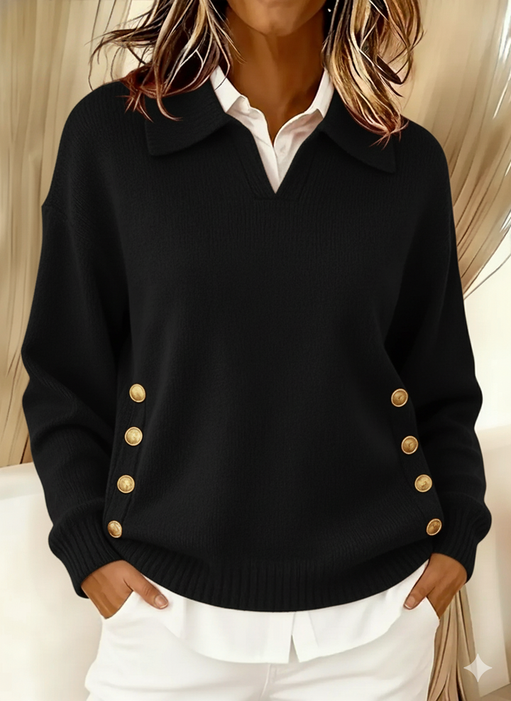 Women's Jumper – Oversized Collared V-Neck Gold Button Polo