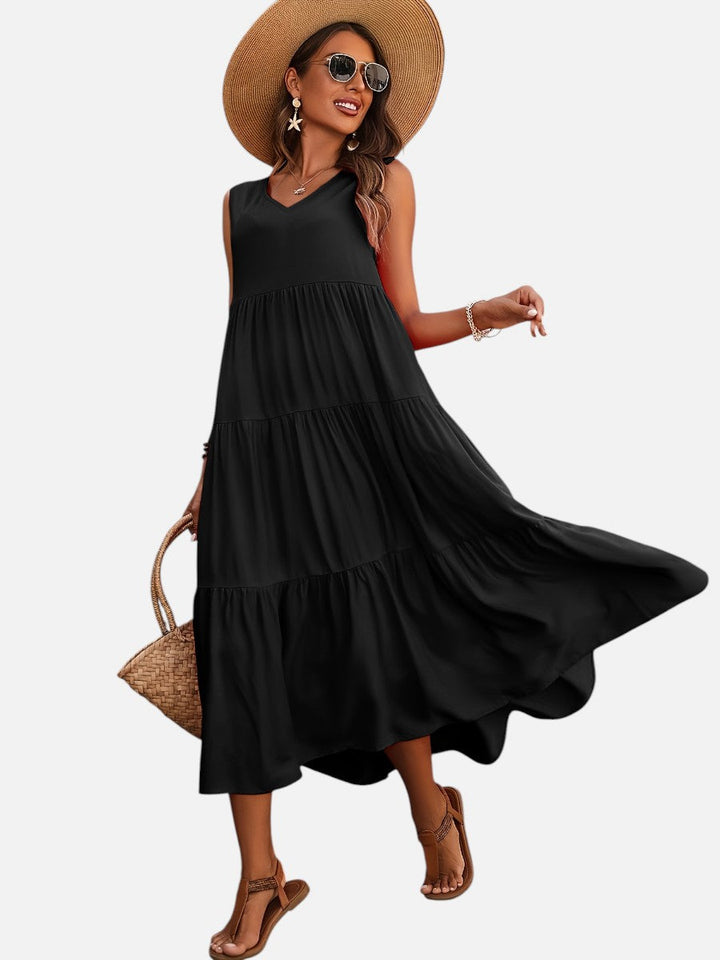 Women's V-Neck Tiered Maxi Dress – Effortless Summer Elegance in Black | Invictora.com