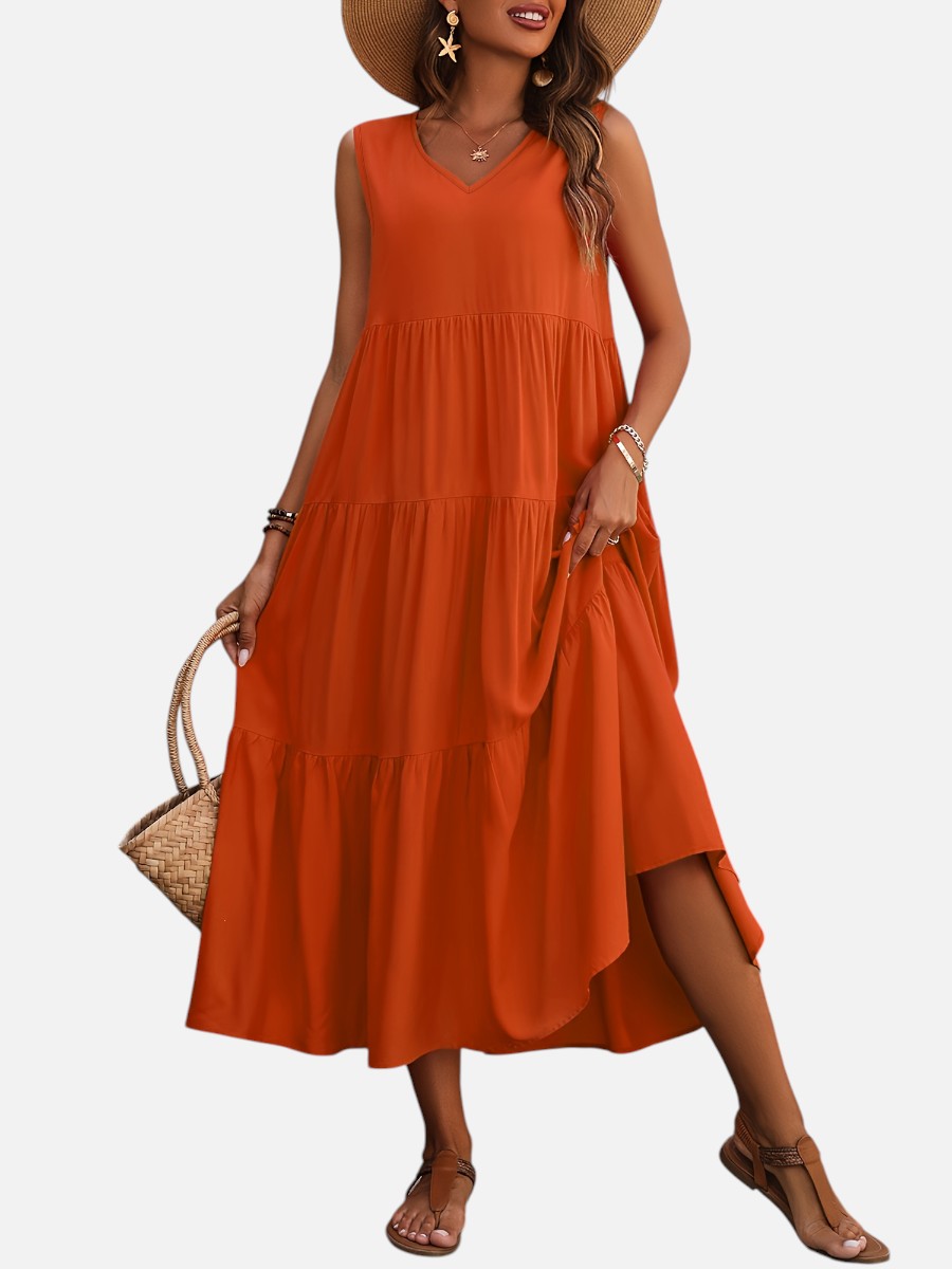 Women's V-Neck Tiered Maxi Dress – Effortless Summer Elegance in Green | Invictora.com