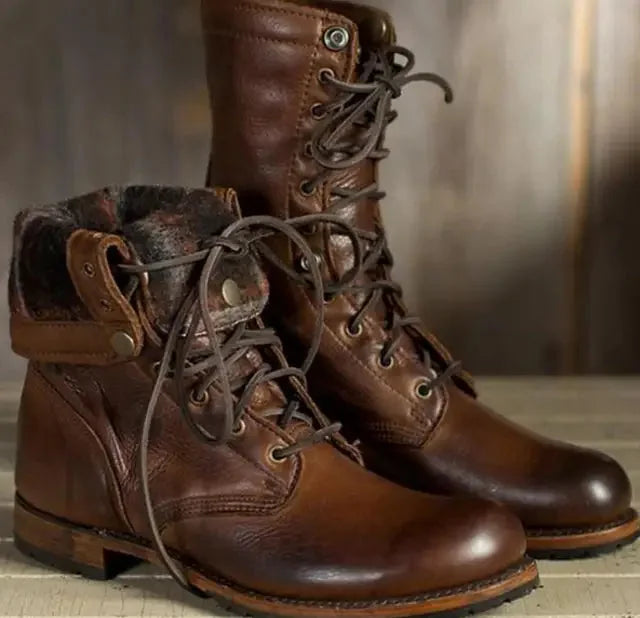 Women's Heeled Leather Lace-Up Combat Boots – Fold-Down Cuff