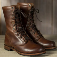 Women's Heeled Leather Lace-Up Combat Boots – Fold-Down Cuff