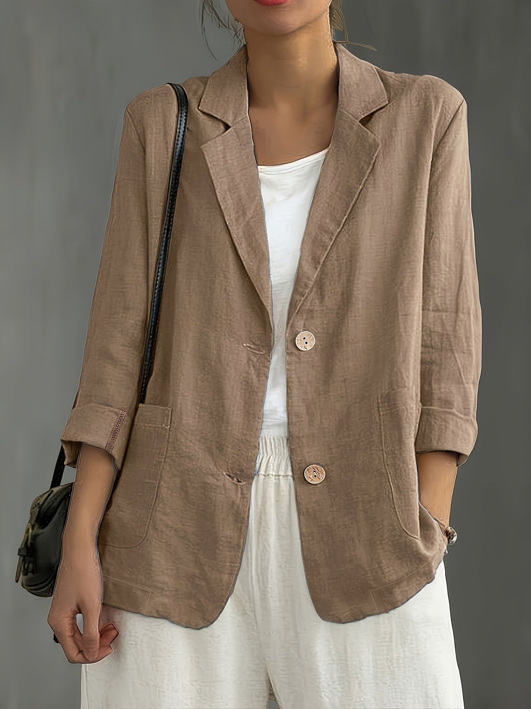 Women's Nadia – Classic Linen Blazer With Pockets For Smart Casual Wear in Khaki | Invictora.com