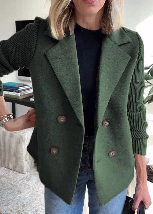 Women's Double Breasted Blazer – Ribbed Knit Sleeves