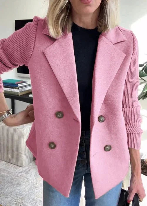 Women's Double Breasted Blazer – Ribbed Knit Sleeves