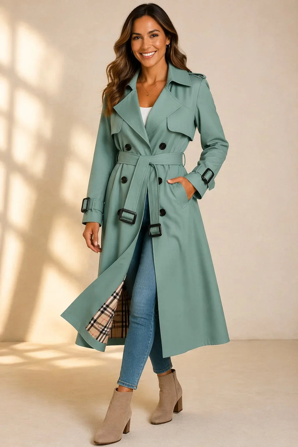 Women's Long Double-Breasted Trench Coat – Belt