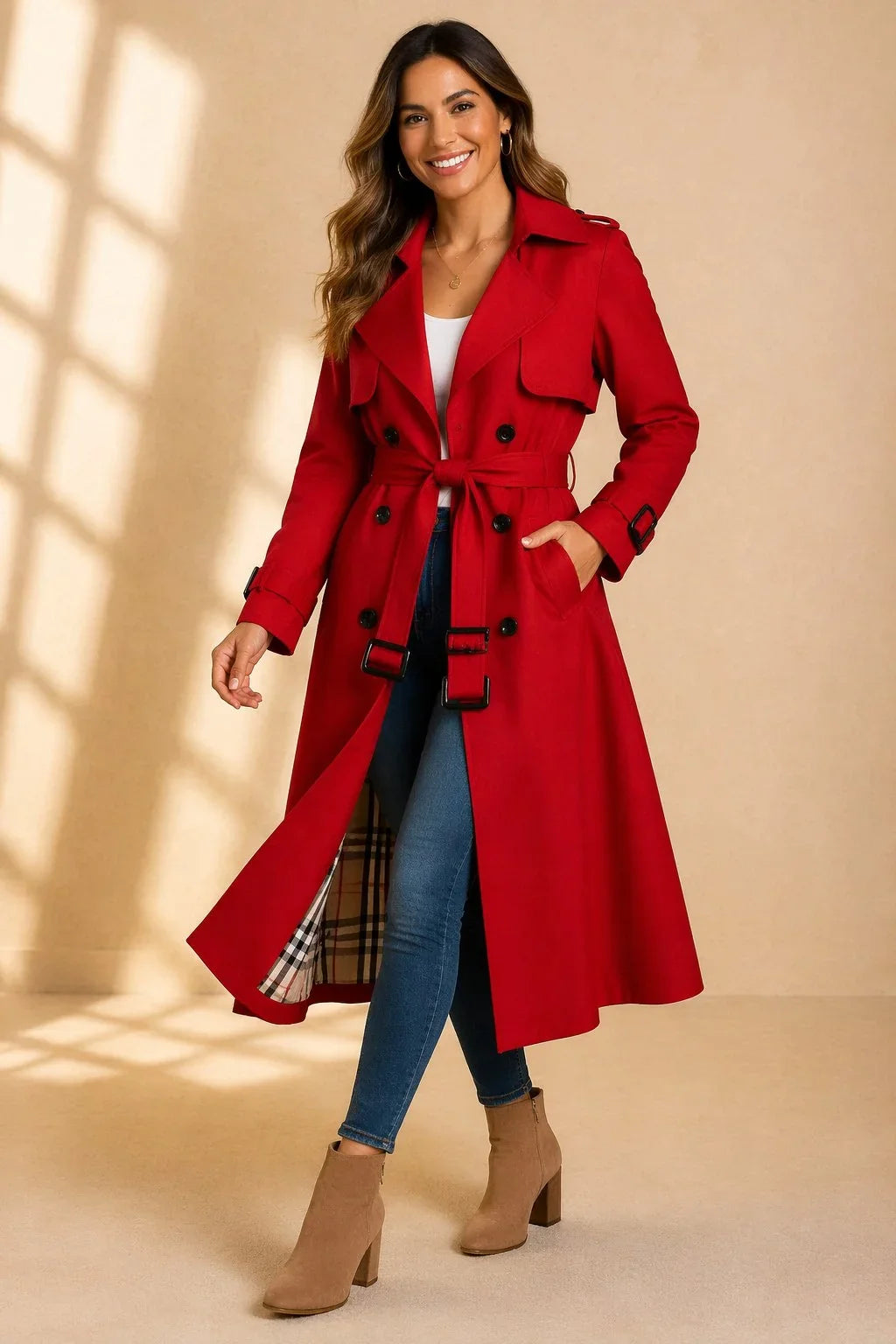 Women's Long Double-Breasted Trench Coat – Belt