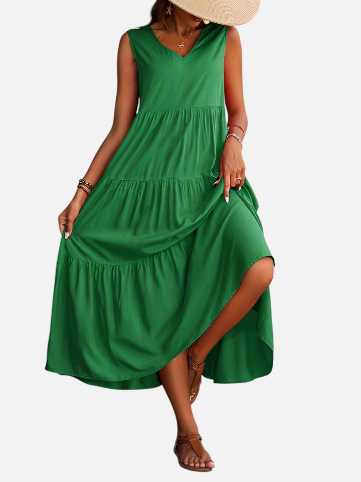 Women's V-Neck Tiered Maxi Dress – Effortless Summer Elegance in Green | Invictora.com
