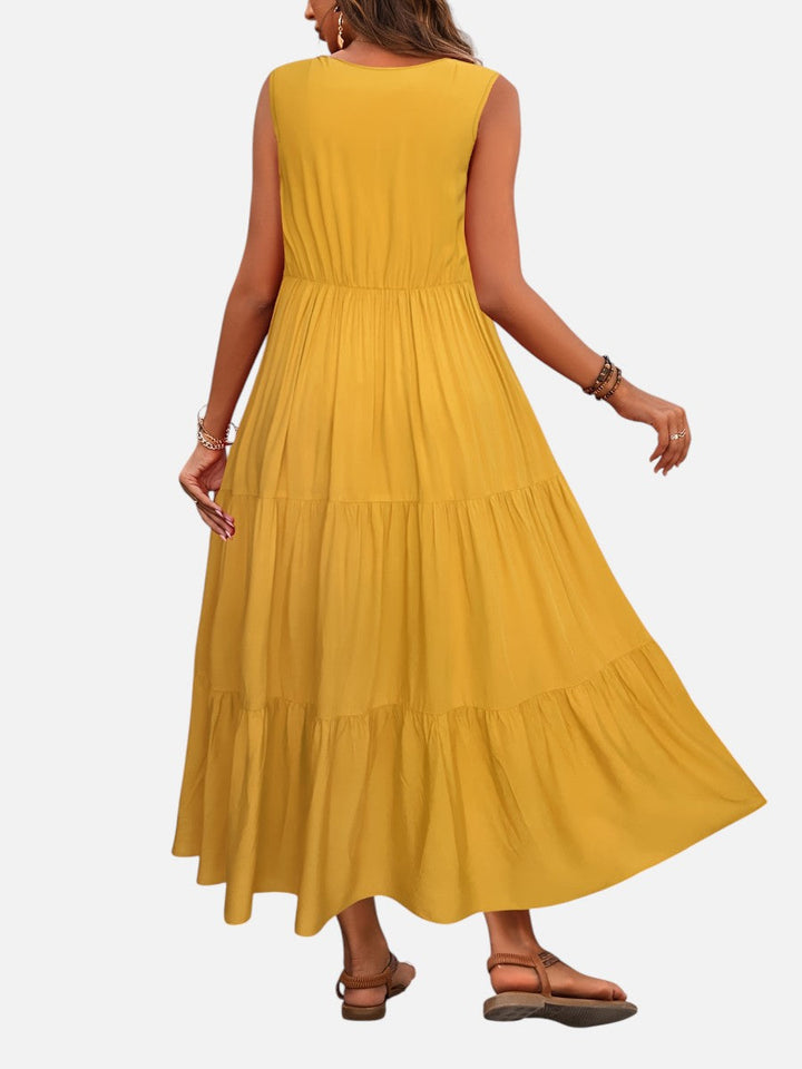 Women's V-Neck Tiered Maxi Dress – Effortless Summer Elegance in Yellow | Invictora.com