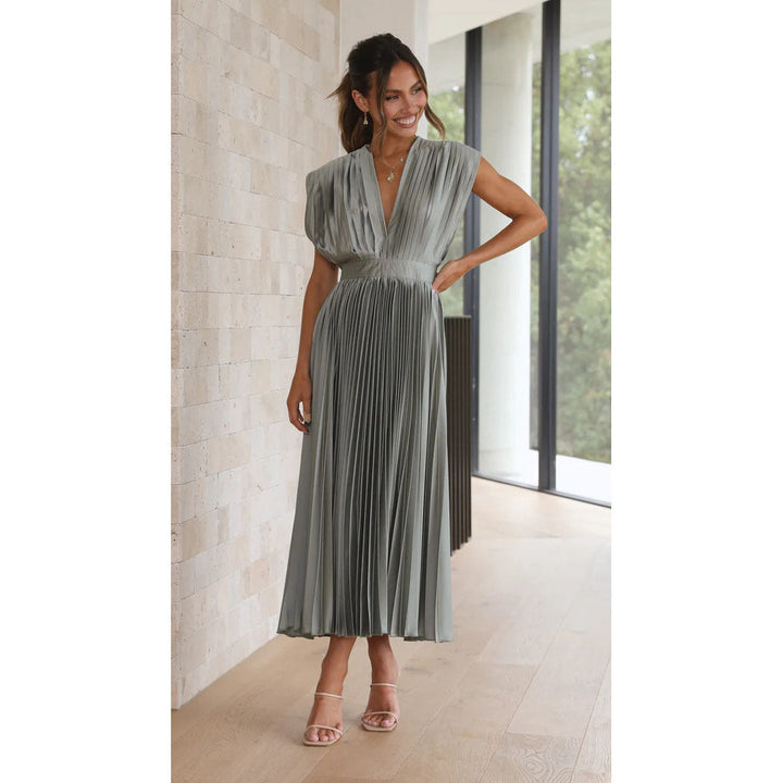 Women's Midi Dress – V-Neck Pleated Party