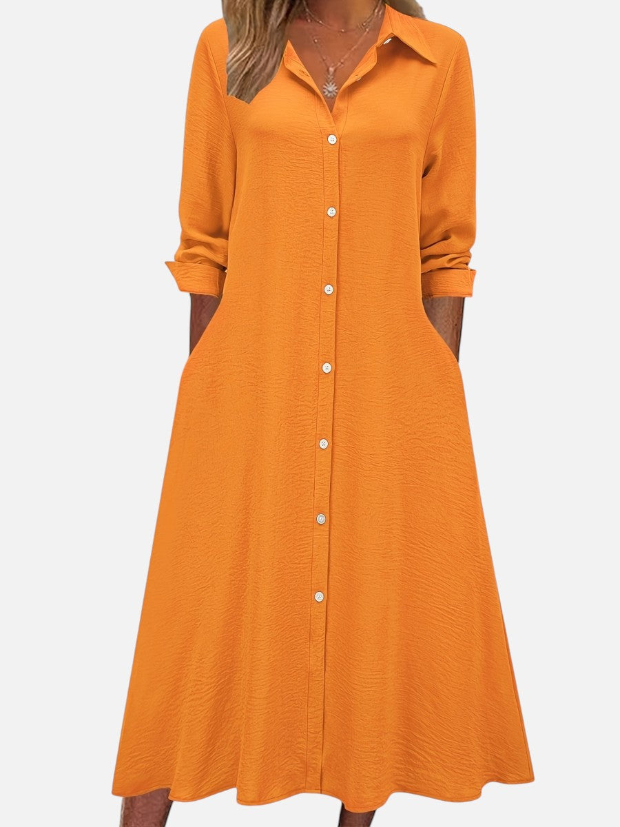 Women's Button Front Midi Shirt Dress – Relaxed Flattering Fit in Black | Invictora.com