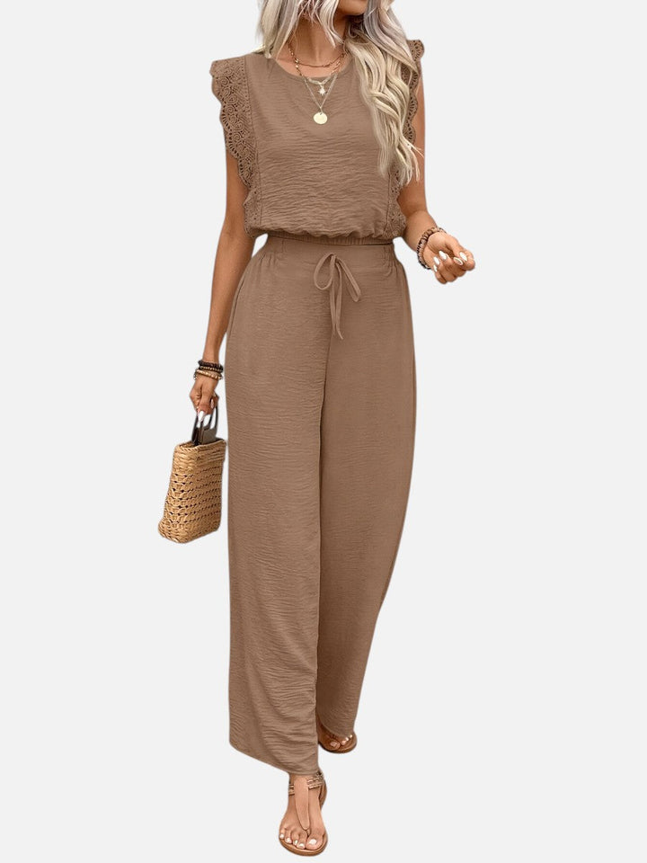 Women's Two Piece Outfit Set – Relaxed Top & Wide Leg Trousers in Khaki | Invictora.com