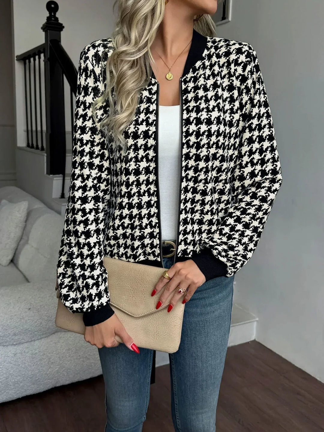 Women's Zip Front Houndstooth Ribbed Bomber Jacket