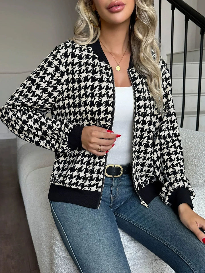 Women's Zip Front Houndstooth Ribbed Bomber Jacket