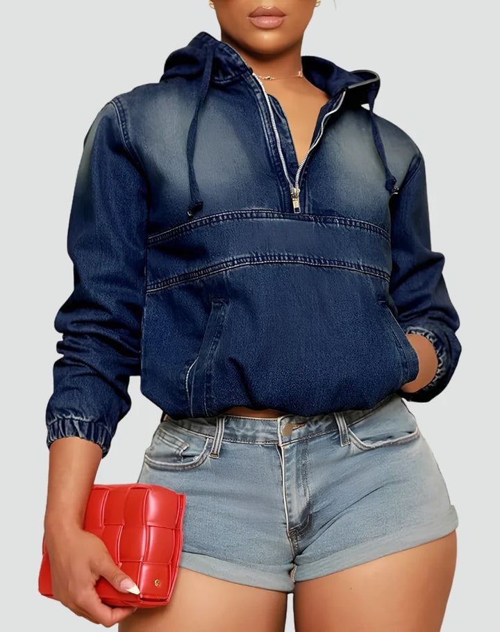 Women's Effortless Denim Hoodie – Half Zip Hooded Long Sleeve Cropped Casual Style