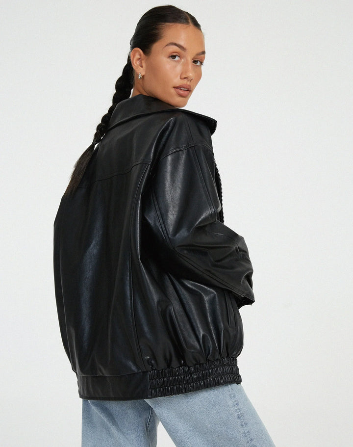 Women's Oversized Faux Leather Jacket, Collared – Front Zip