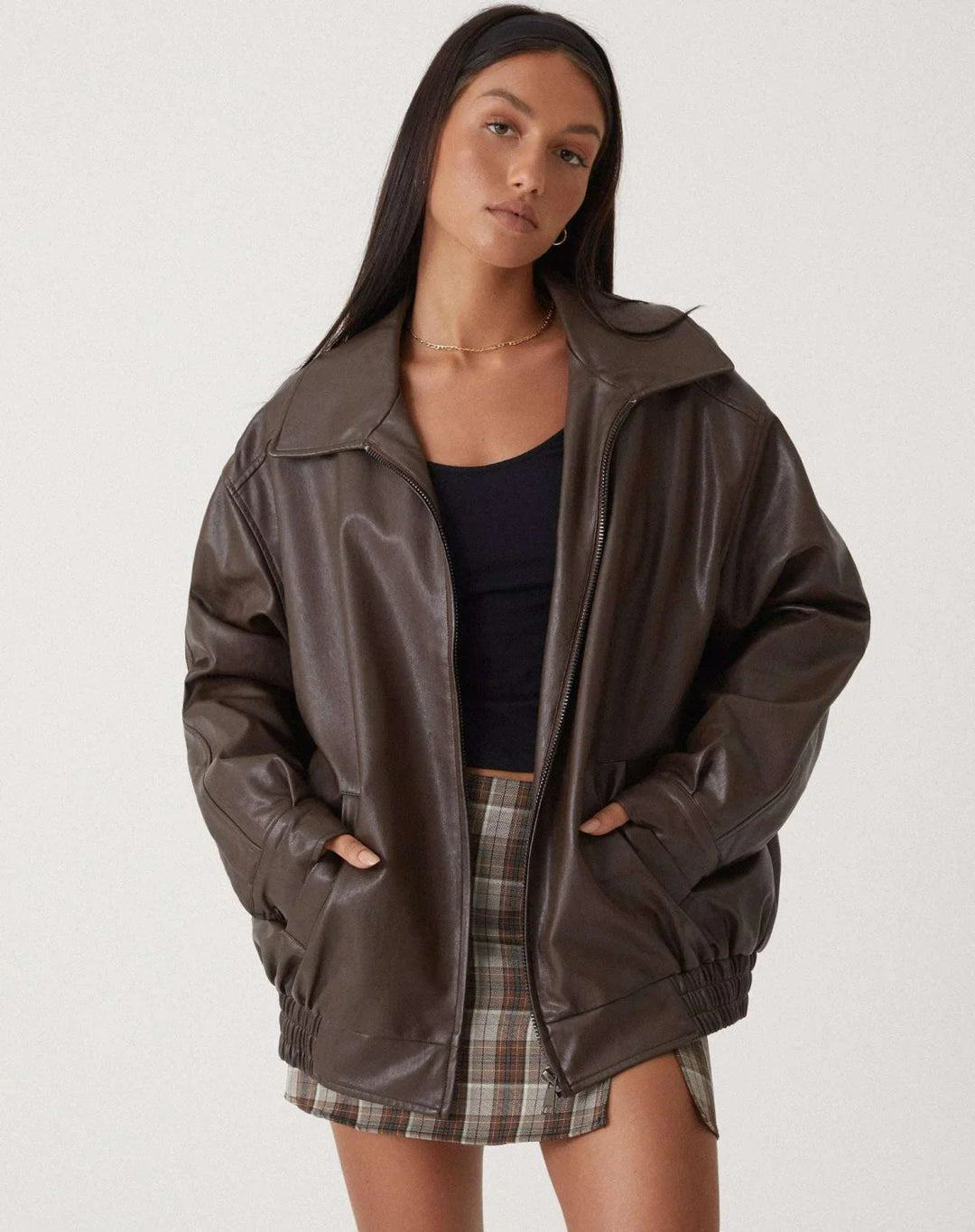 Women's Oversized Faux Leather Jacket, Collared – Front Zip