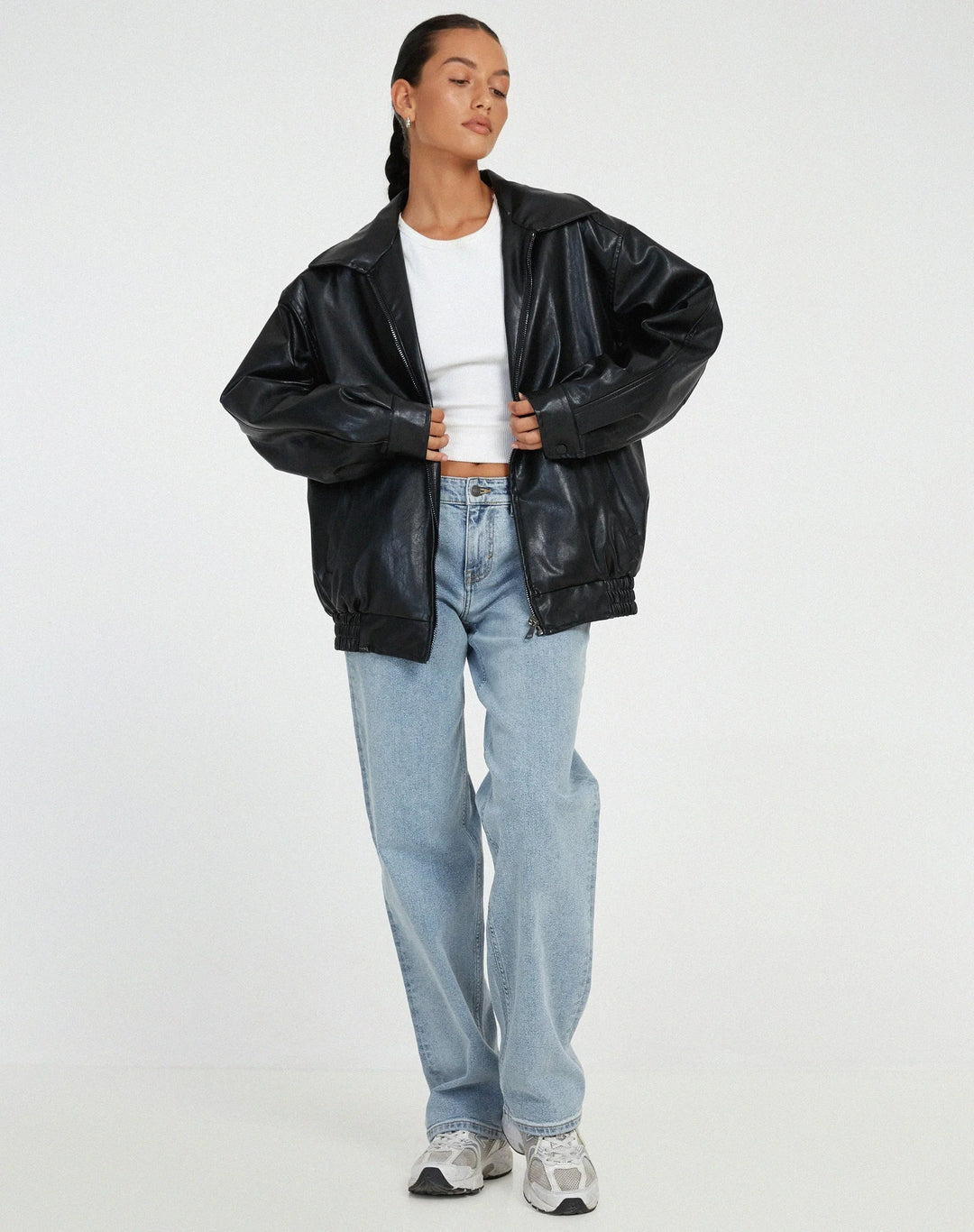 Women's Oversized Faux Leather Jacket, Collared – Front Zip