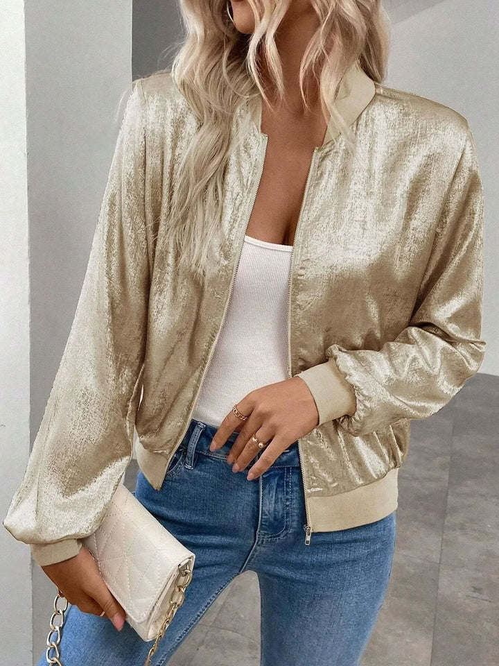 Women's Gold Zip Front Cropped Bomber Jacket