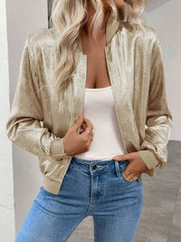 Women's Gold Zip Front Cropped Bomber Jacket