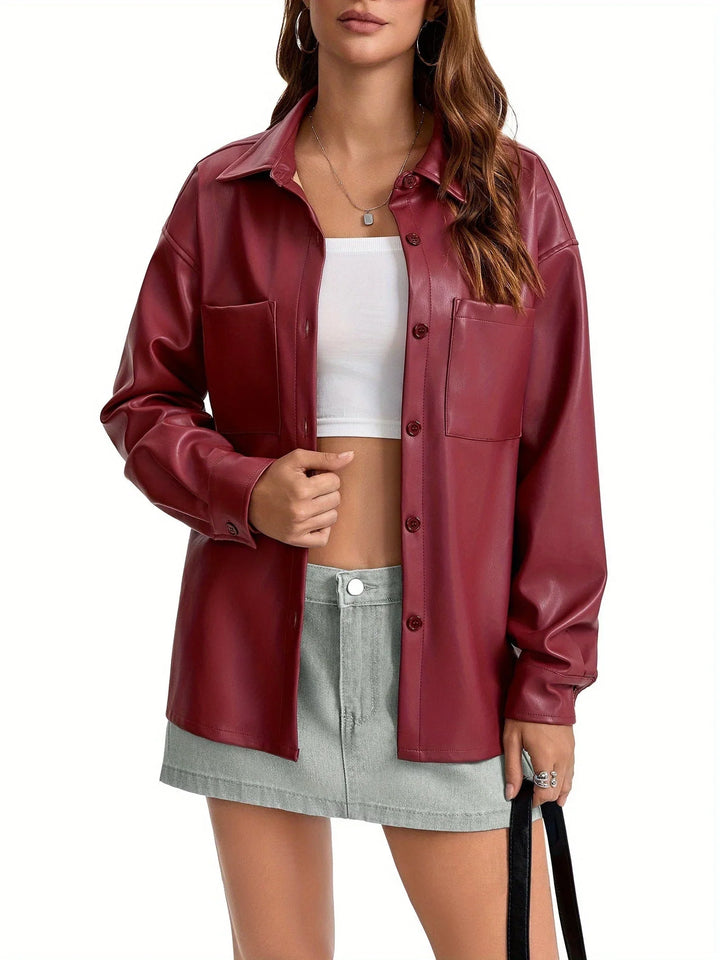 Women's Button Front Oversized Faux Leather Jacket Shacket