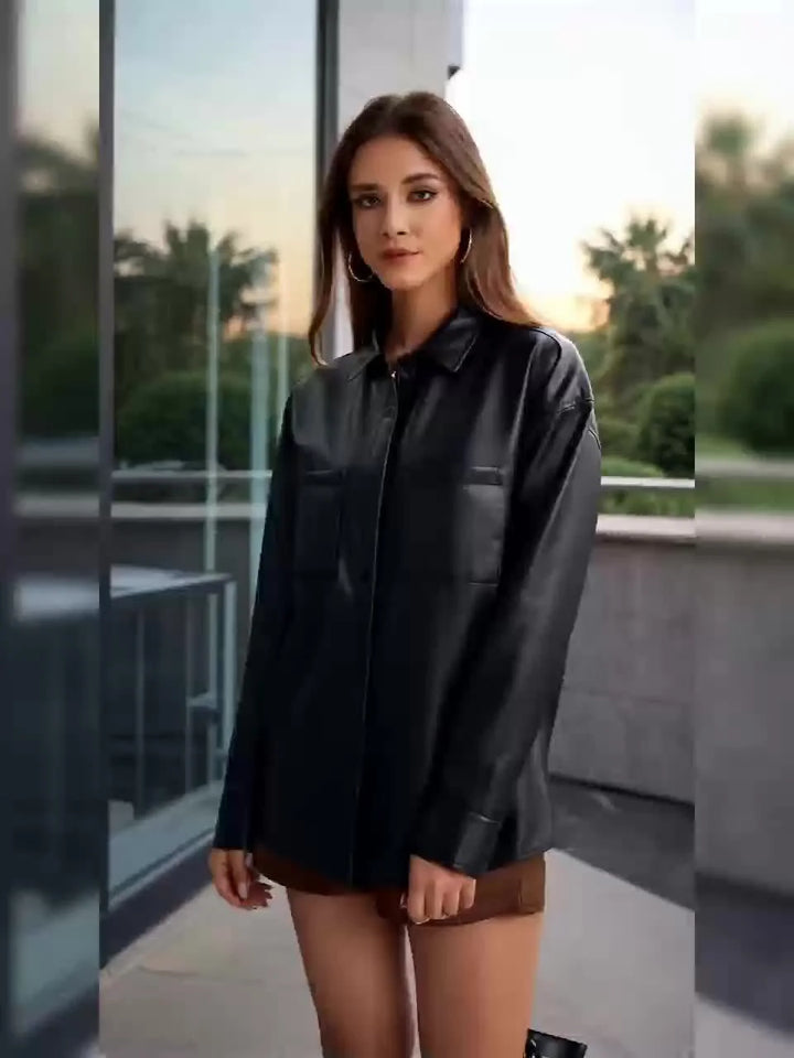 Women's Button Front Oversized Faux Leather Jacket Shacket