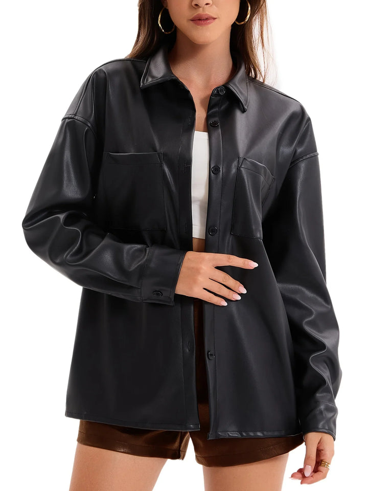 Women's Button Front Oversized Faux Leather Jacket Shacket