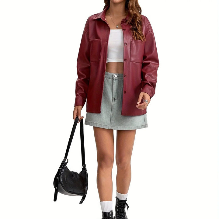 Women's Button Front Oversized Faux Leather Jacket Shacket