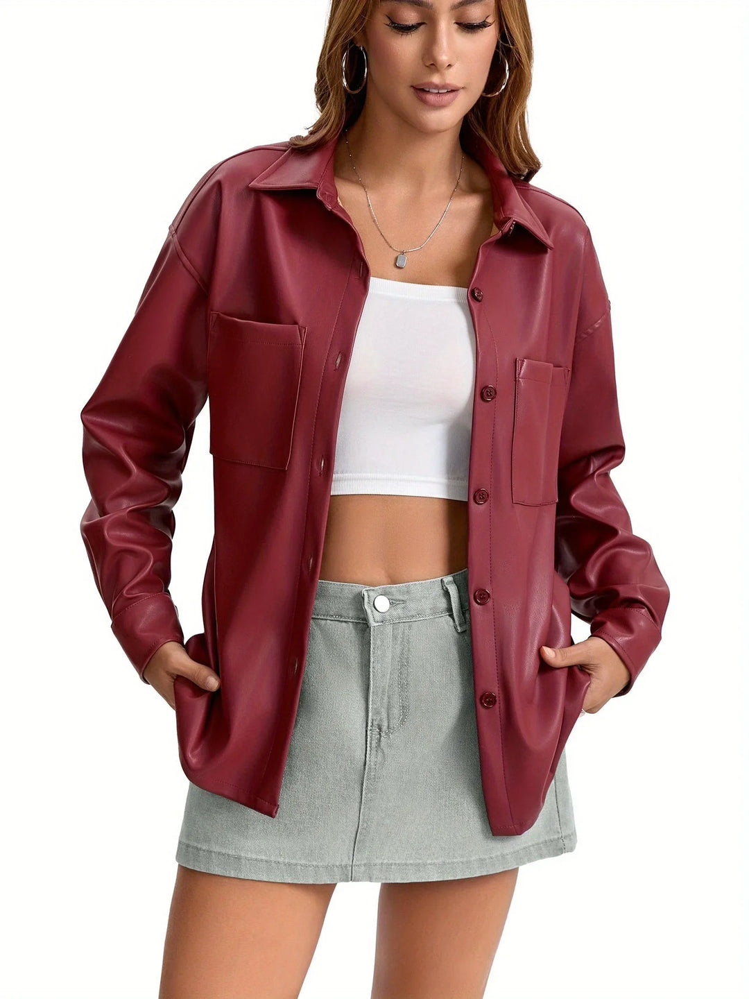 Women's Button Front Oversized Faux Leather Jacket Shacket