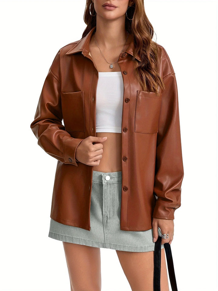 Women's Button Front Oversized Faux Leather Jacket Shacket