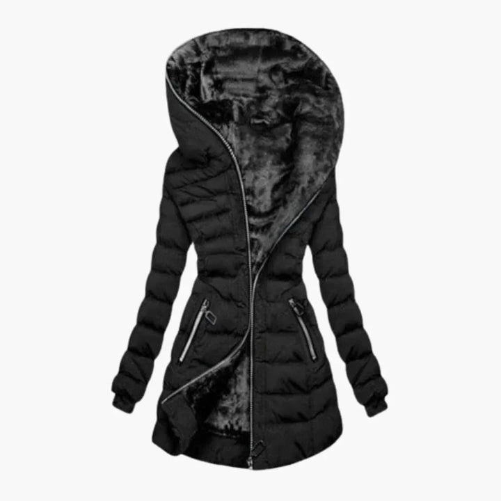 Women's Puffer Jacket, Quilted Longline Faux Fur Lined Hood