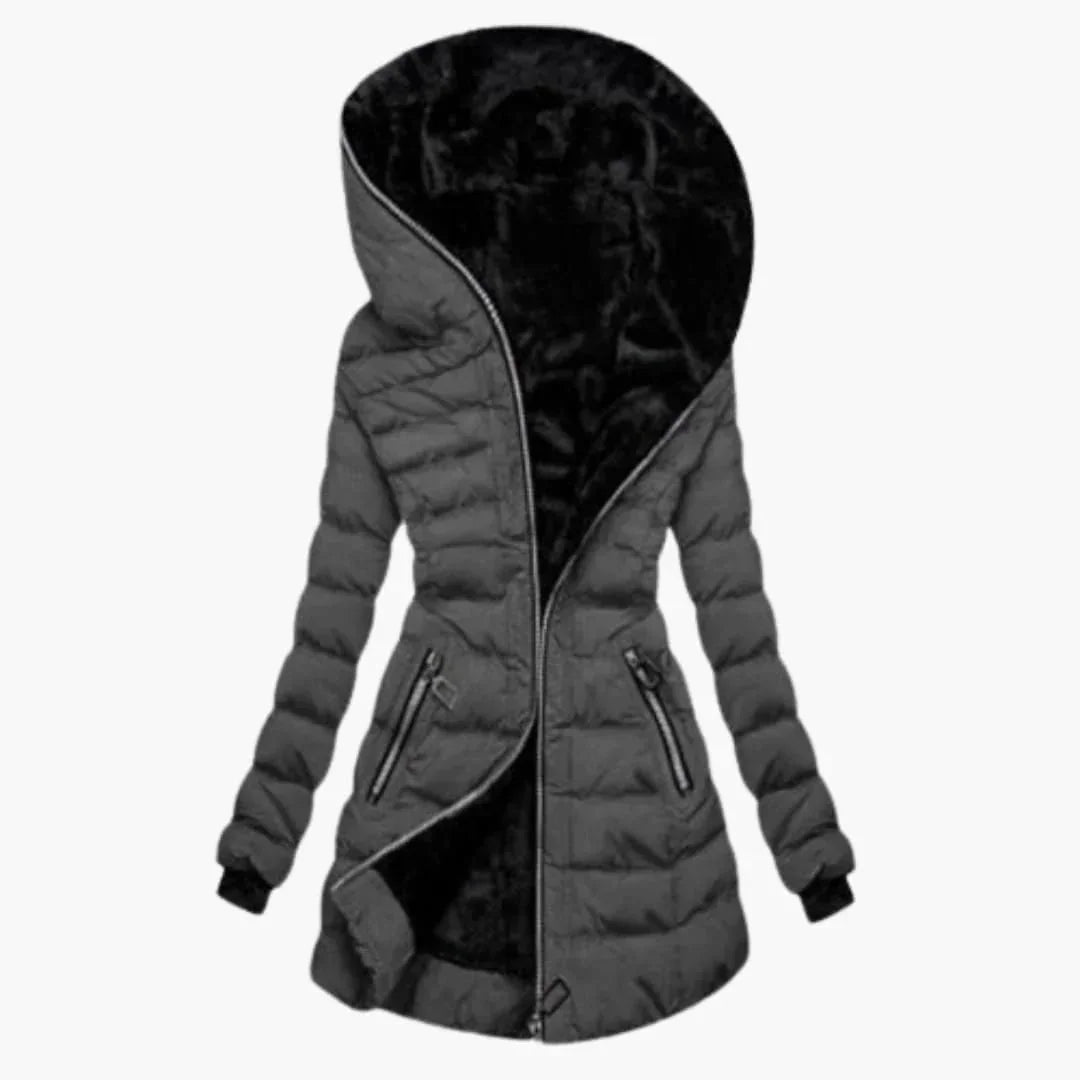 Women's Puffer Jacket, Quilted Longline Faux Fur Lined Hood