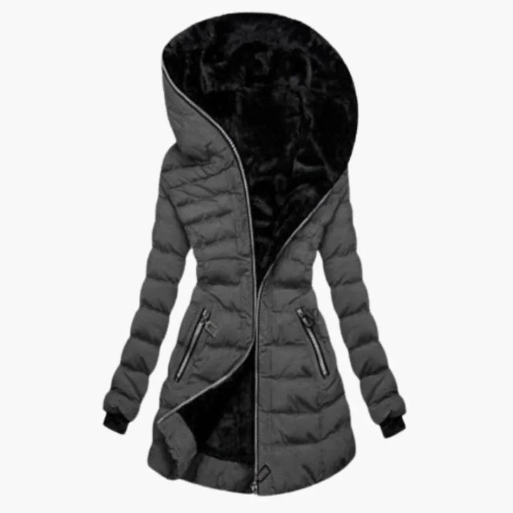 Women's Puffer Jacket, Quilted Longline Faux Fur Lined Hood